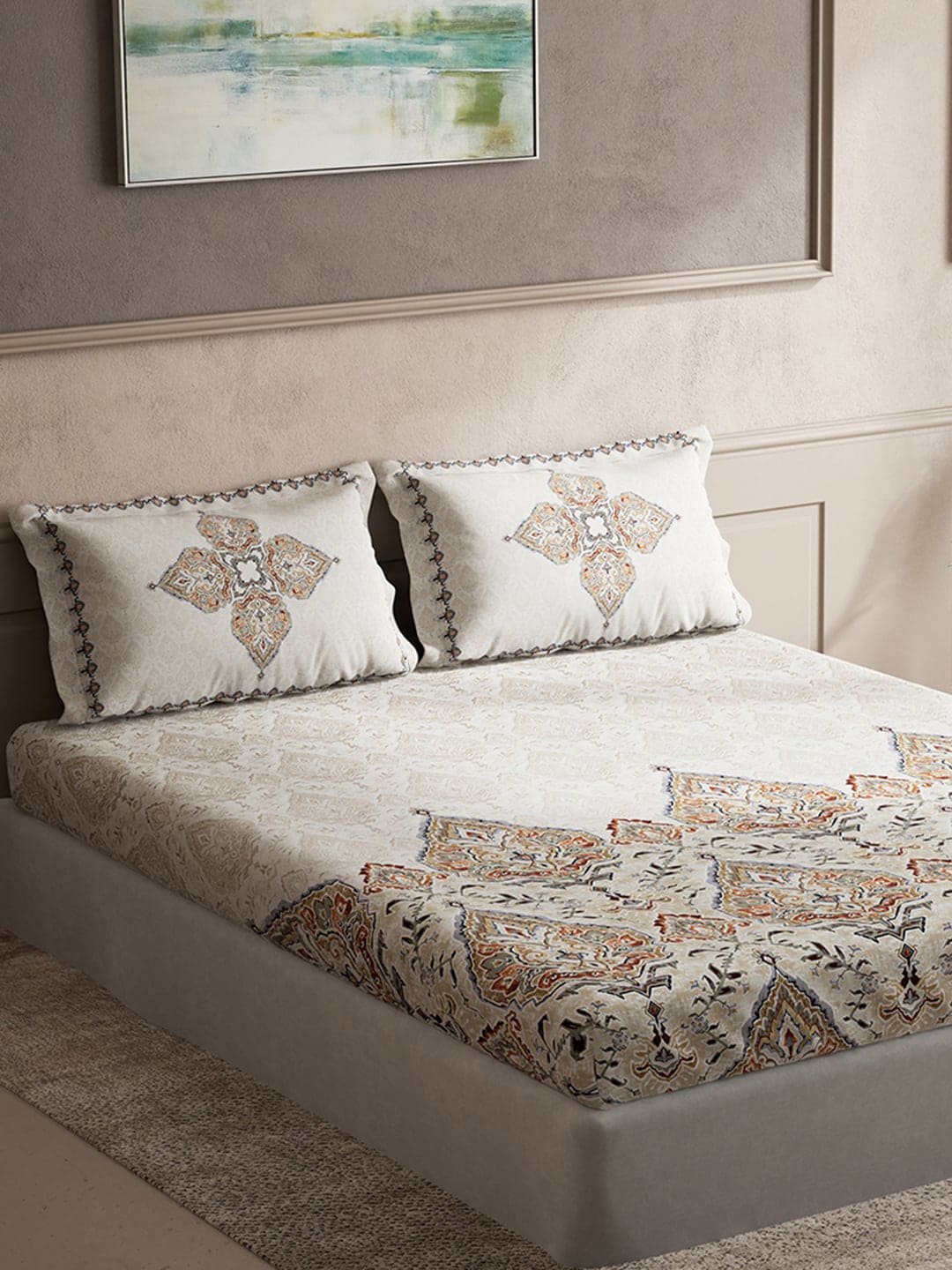 DDecor Orange & Red Ethnic Motifs Cotton 140 TC King Bedsheet With 2 Pillow Covers - Distacart