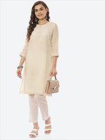 Thumbnail for Biba Women Beige Ethnic Motifs Embroidered Mirror Work Floral Kurta - Distacart