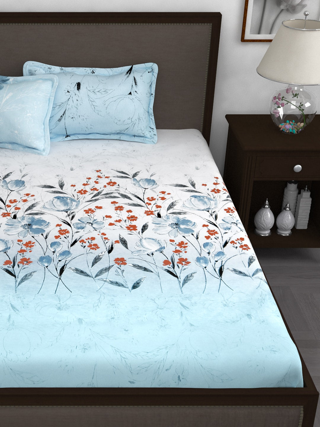Story@home White & Blue Floral 210 TC Cotton 1 King Bedsheet with 2 Pillow Covers - Distacart