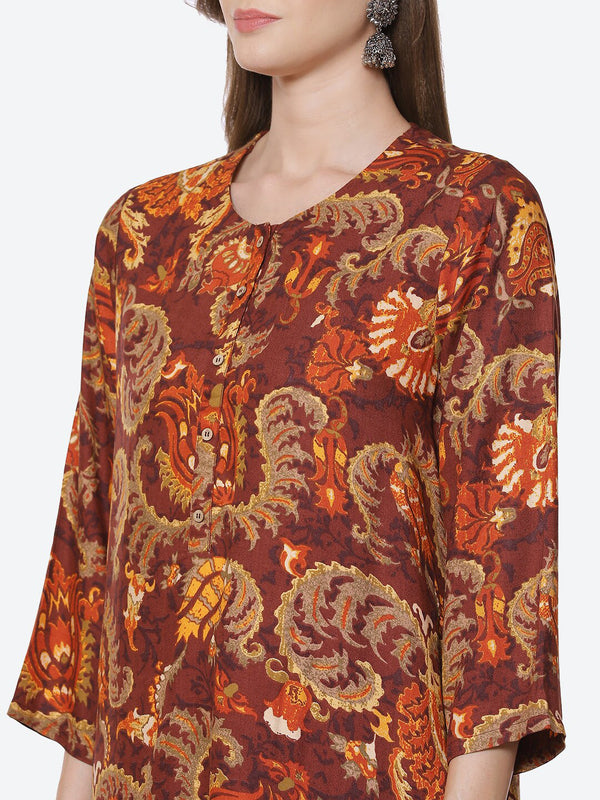 Biba Women Brown Ethnic Motifs Printed Kurta with Trousers - Distacart