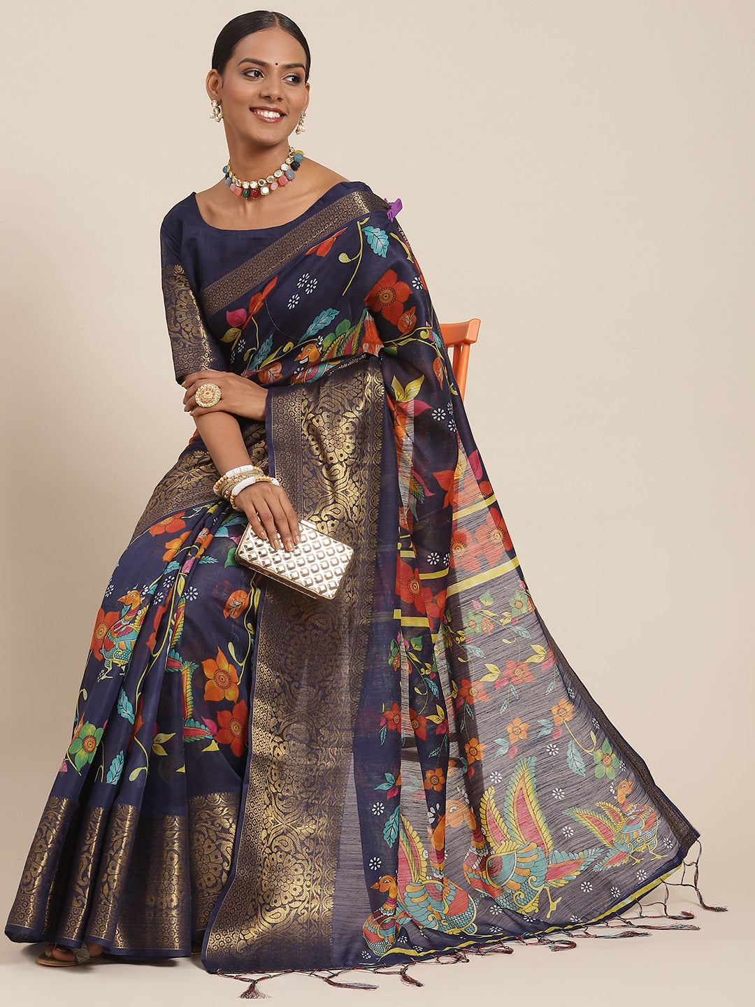 Saree Mall Navy Blue Kalamkari Saree - Distacart