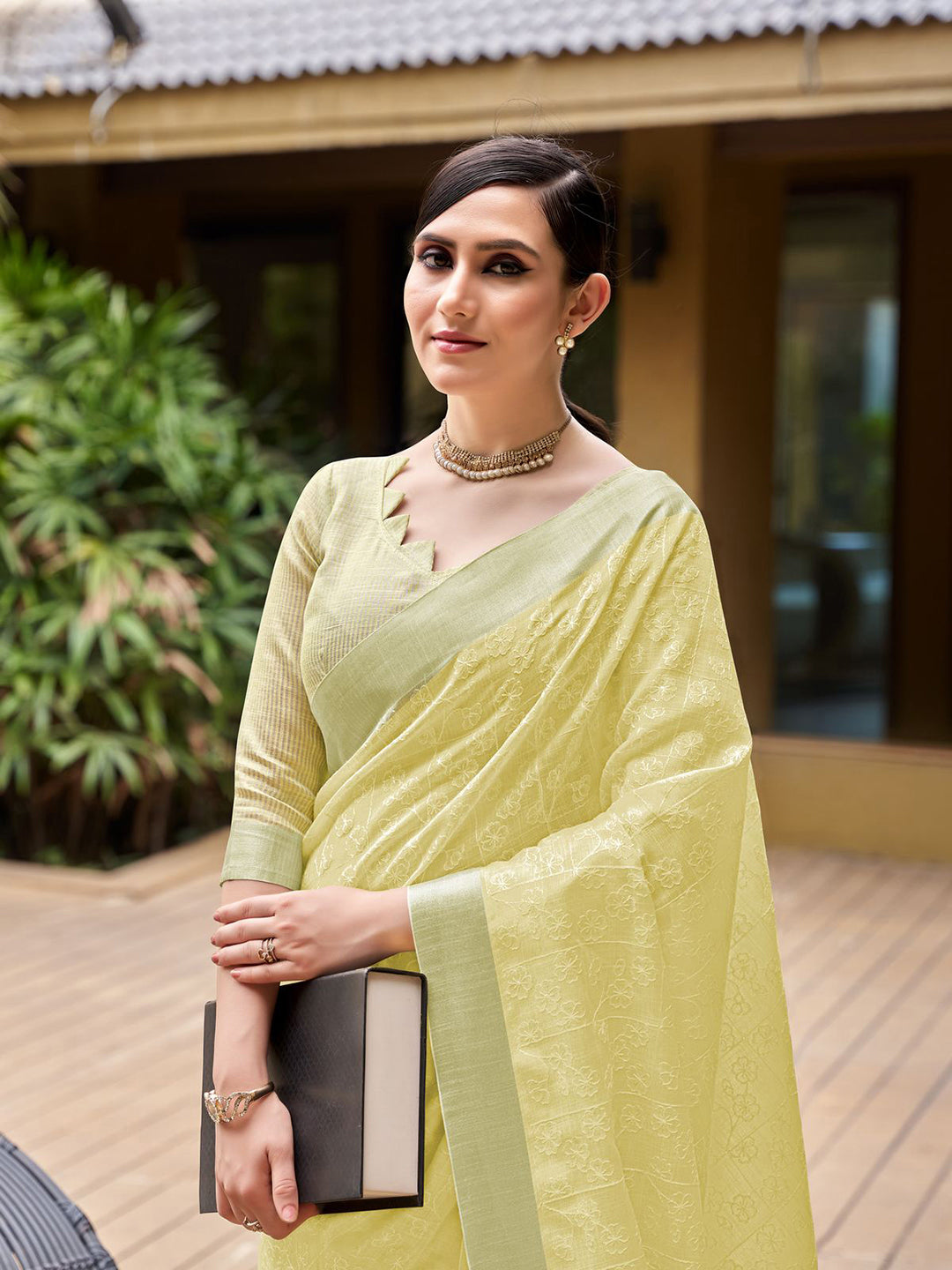 Mitera Yellow & White Floral Embroidered Zari Pure Linen Banarasi Saree - Distacart