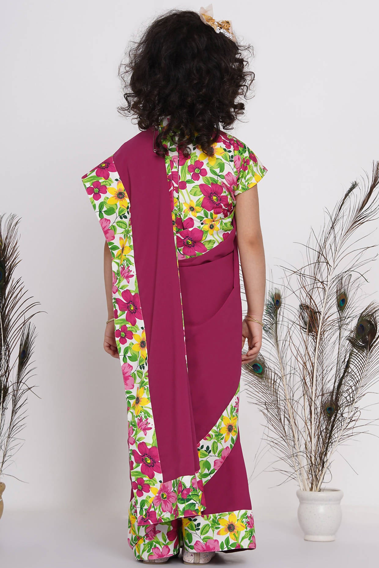 Little Bansi Floral Print Ready to Wear Saree and Floral Blouse - Magenta - Distacart