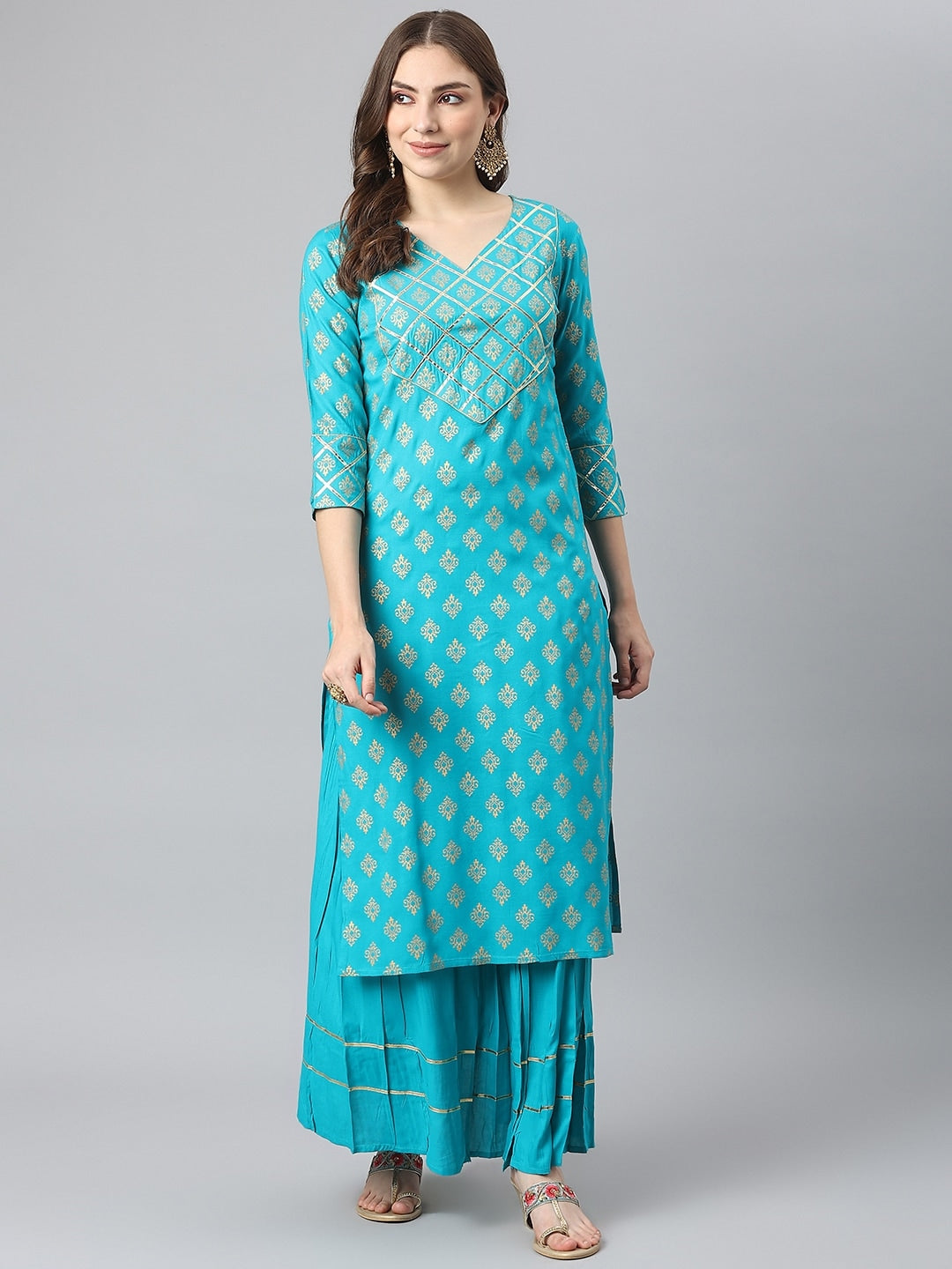Kalini Women Turquoise Blue Ethnic Motifs Printed Gotta Patti Kurta with Skirt - Distacart