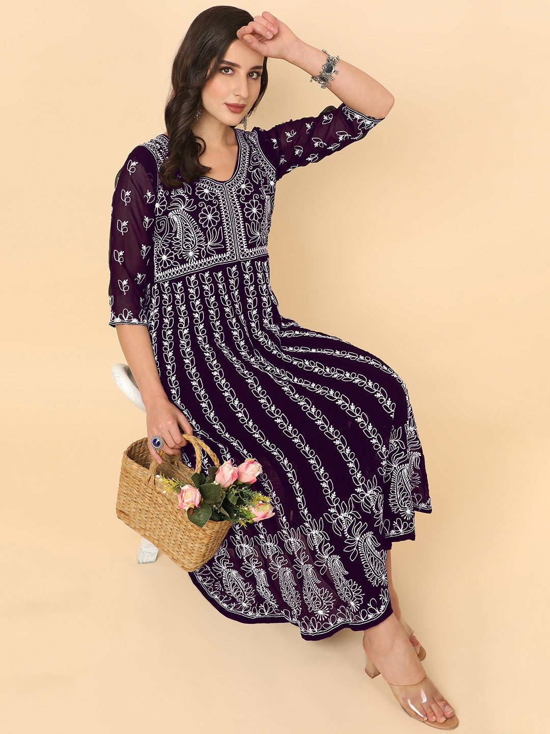 HERE&NOW Women Chikankari Embroidered Thread Work Georgette Anarkali Kurta - Distacart