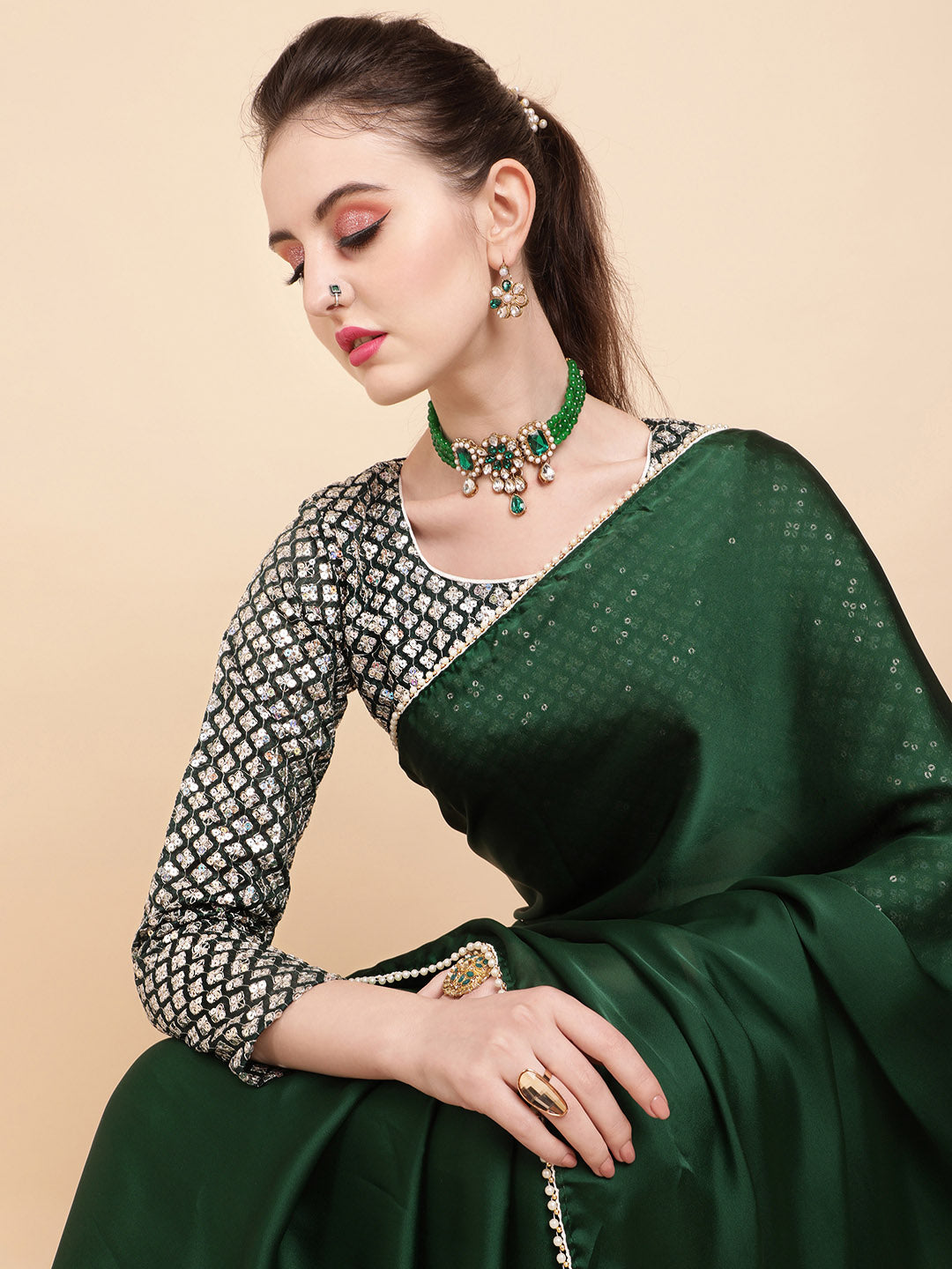 Sangria Green Sequinned Satin Saree - Distacart