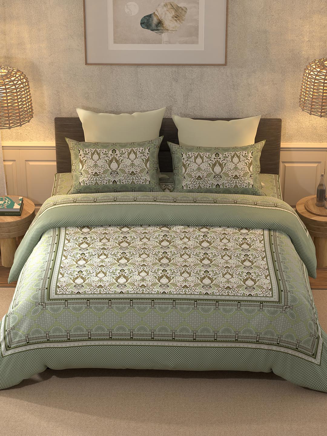 BELLA CASA Teal & Off White Printed 350 TC King Pure Cotton 2 Pillow Covers Bedsheet - Distacart