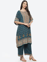 Thumbnail for Biba Women Teal Green & Orange Ethnic Motifs Printed Kurta with Palazzos - Distacart