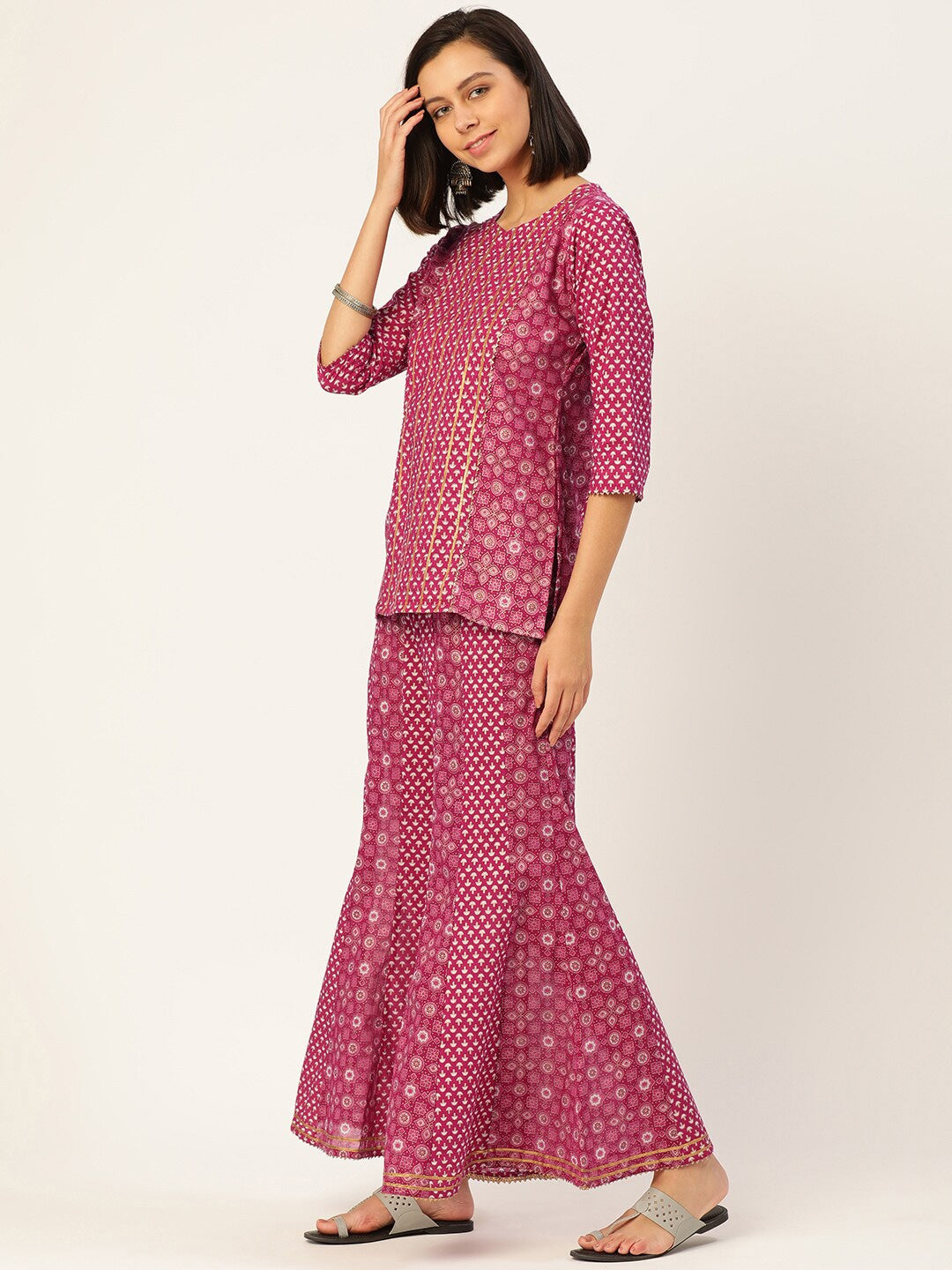 HERE&NOW Women Pink And Black Ethnic Printed Pure Cotton Kurti With Palazzo And Dupatta - Distacart