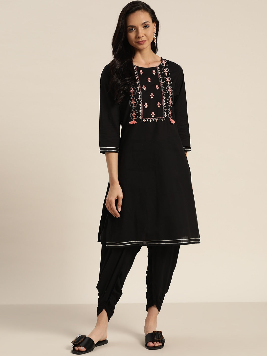 Sangria Women Black & Peach-Coloured Cotton Embroidered Straight Kurta with Dhoti Pants - Distacart