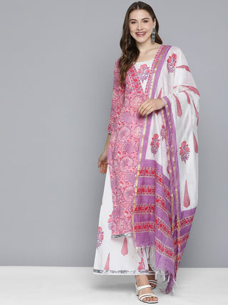 HERE&NOW Women Floral Printed Regular Pure Cotton Kurta with Palazzos & With Dupatta - Distacart