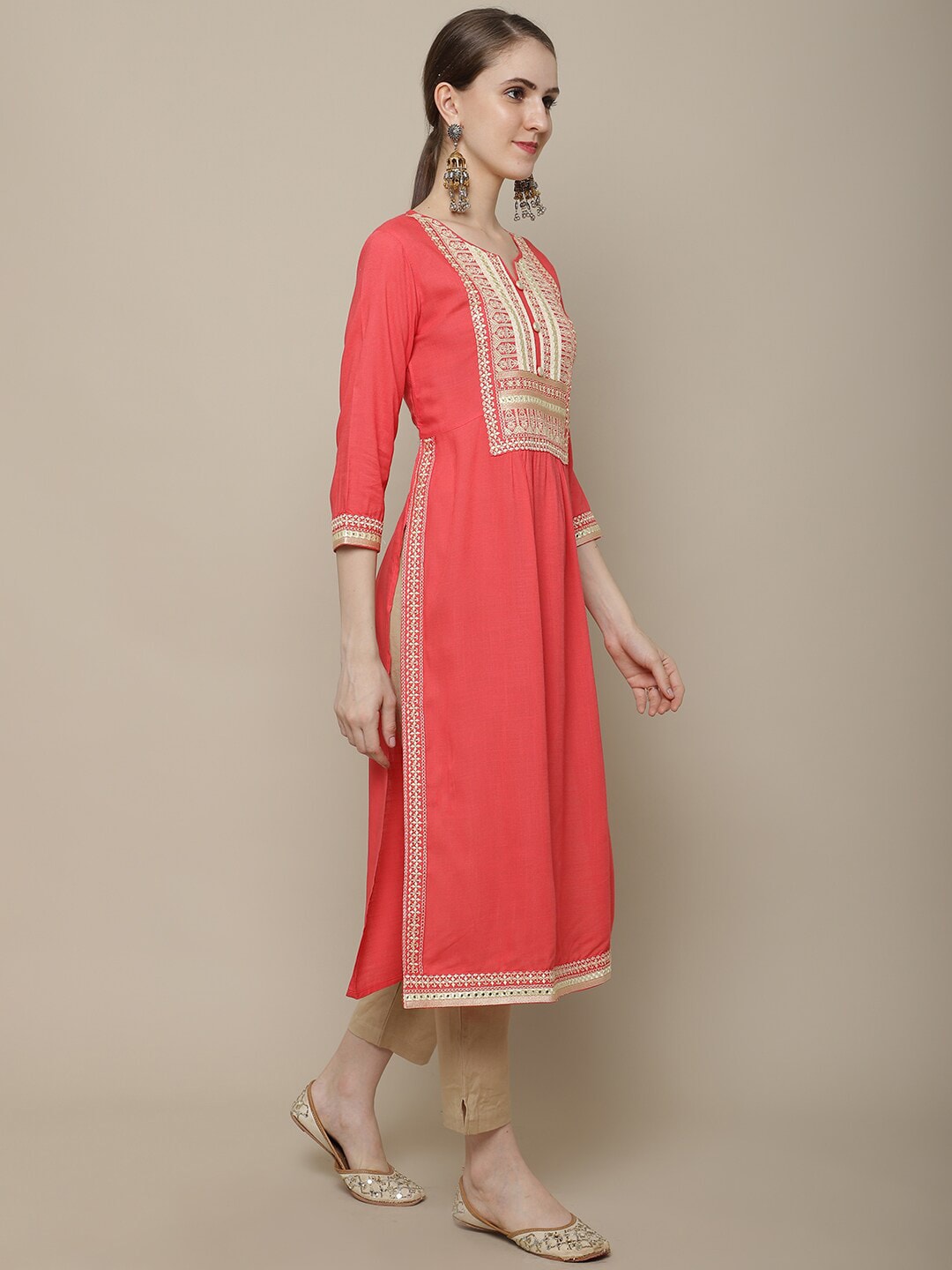 Sangria Women Coral Ethnic Motifs Yoke Design Kurta - Distacart