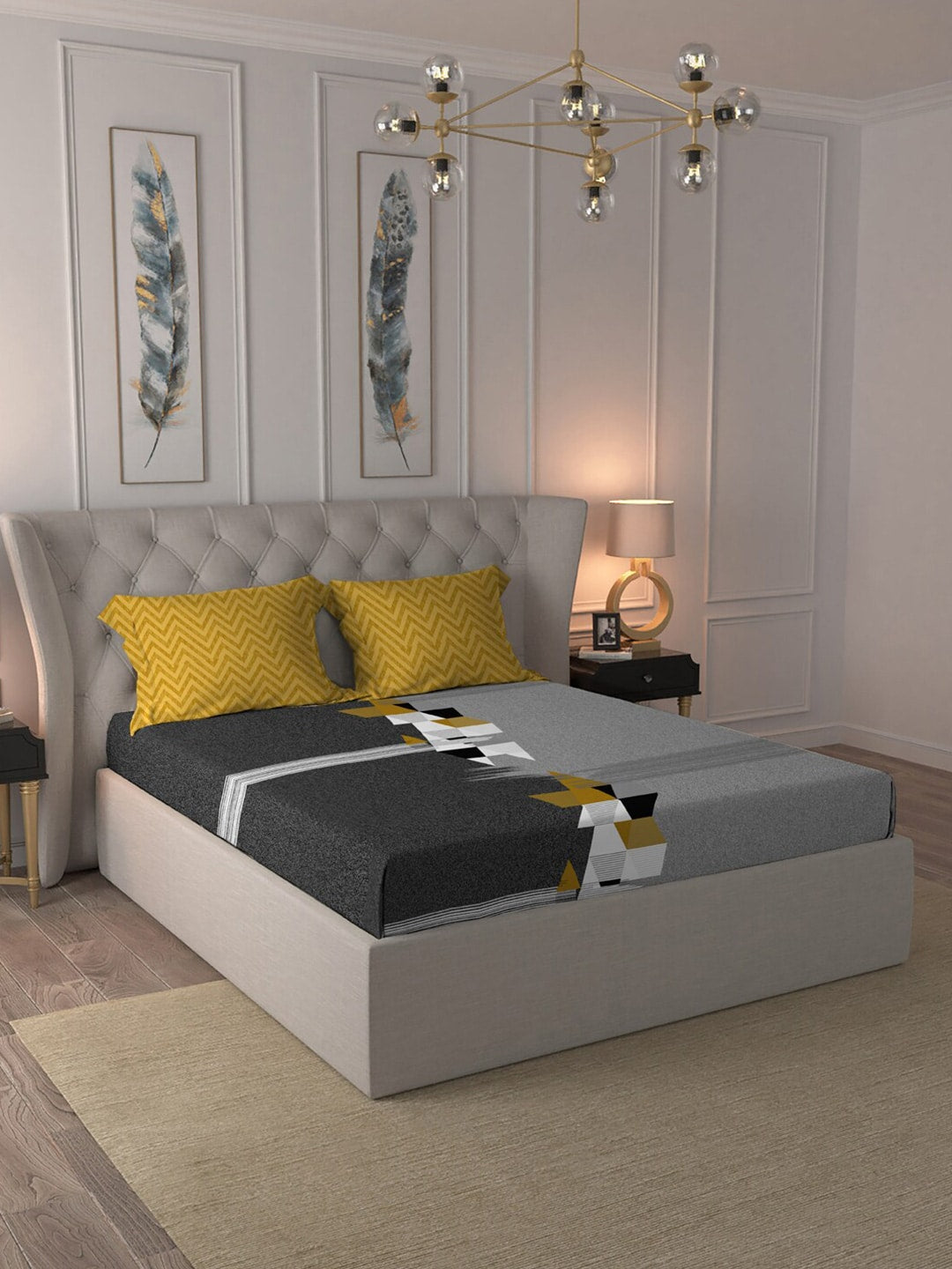 MYTRIDENT Grey Melange White Geometric Cotton 144 TC Queen Bedsheet With 2 Pillow Covers - Distacart