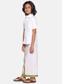 Thumbnail for Sethukrishna Boys White & Green Cotton Shirt With Readymade Dhoti - Distacart