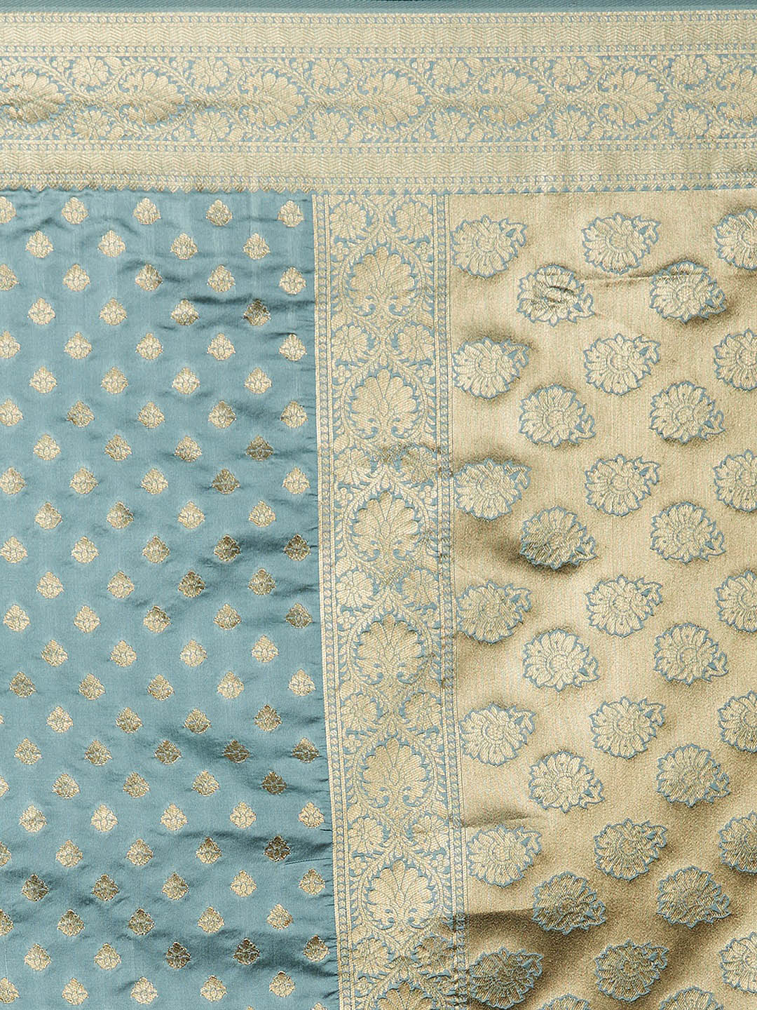 Mitera Grey & Turquoise Blue Silk Blend Woven Design Kanjeevaram Saree - Distacart