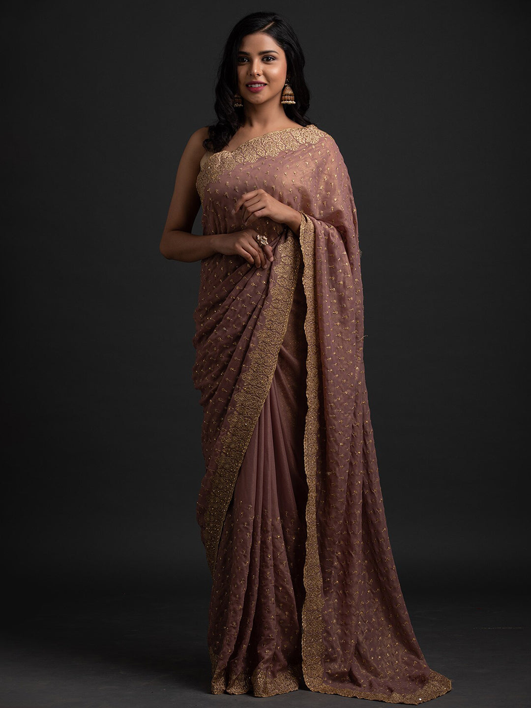 Koskii Mauve & Gold-Toned Embellished Zari Saree - Distacart