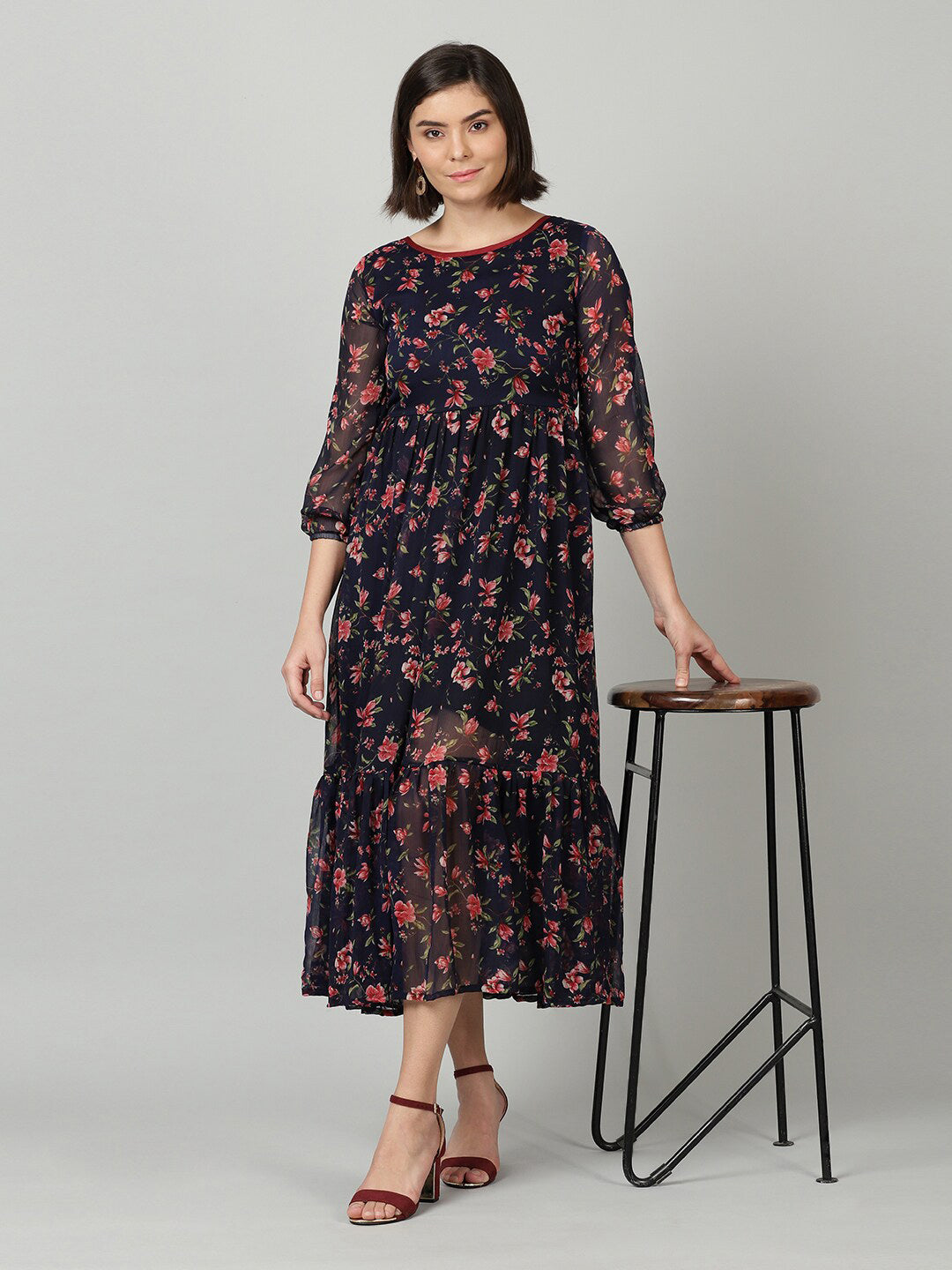 Souchii Women Navy Blue & Red Floral Chiffon A-Line Tiered Dress - Distacart