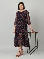 Thumbnail for Souchii Women Navy Blue & Red Floral Chiffon A-Line Tiered Dress - Distacart