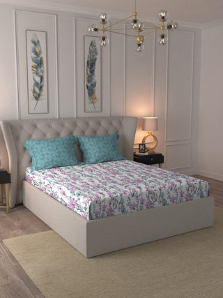 MYTRIDENT Violet White Floral Cotton 144 TC Queen Bedsheet With 2 Pillow Covers - Distacart