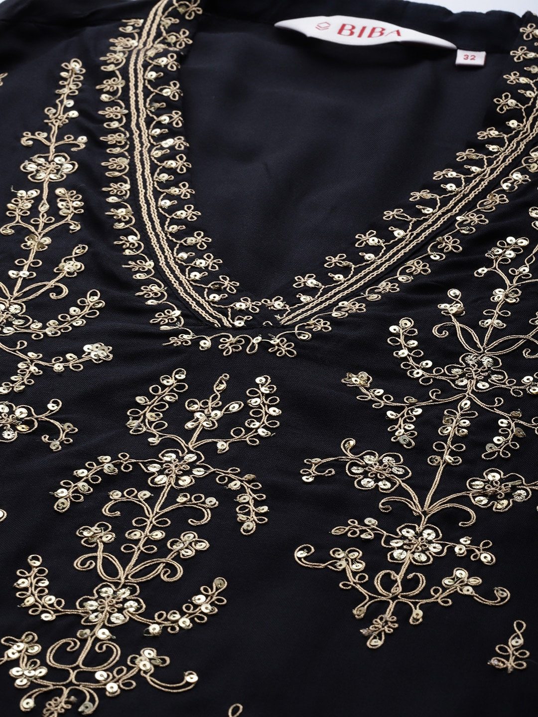 Biba Women Black & Golden Ethnic Yoke Design Kurta with Trousers & With Dupatta - Distacart