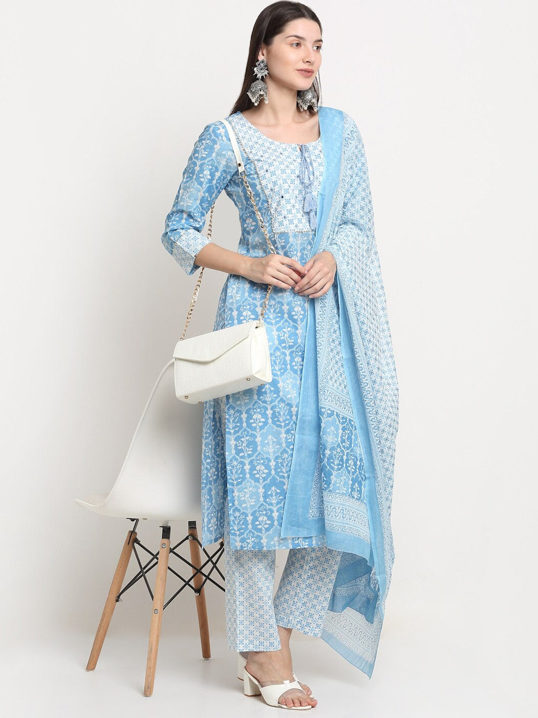 Kalini Women Turquoise Blue Ethnic Motifs Printed Mirror Work Pure Cotton Kurta with Trousers & With Dupatta - Distacart