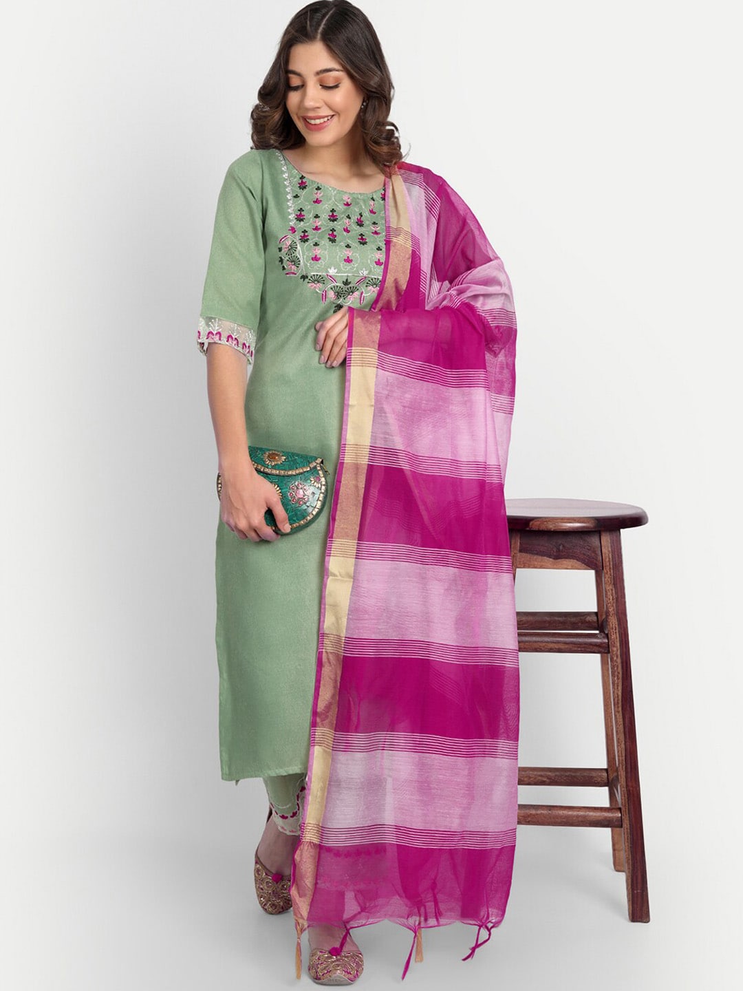 Kalini Floral Yoke Design Regular Thread Work Kurta with Trousers & With Dupatta - Distacart