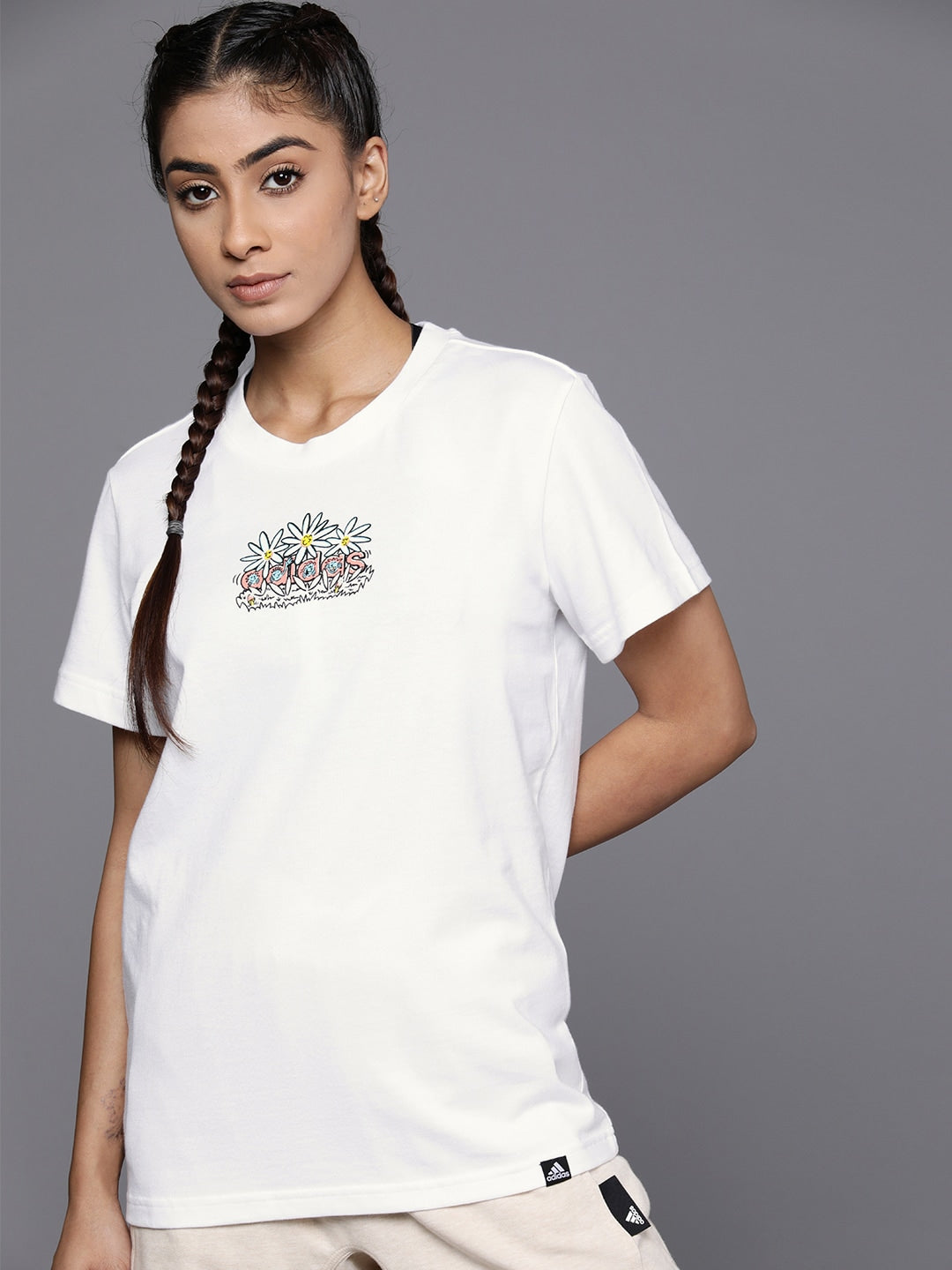 Adidas Women Doodle Printed Pure Cotton T-shirt - Distacart