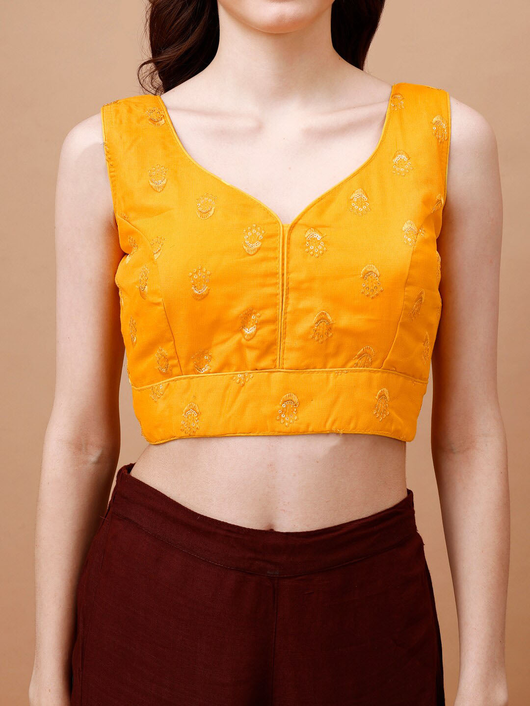 Tikhi Imli Ethnic Motifs Embroidered Sequinned Sleeveless Dupion Saree Blouse - Distacart