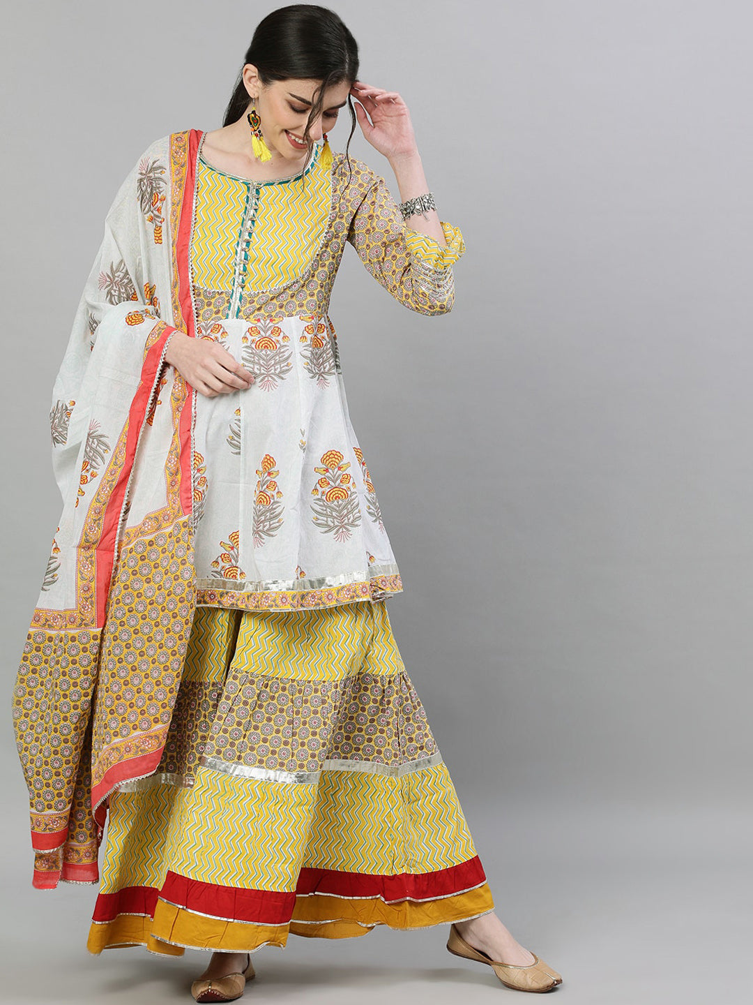 Ishin Women Mustard Yellow & Grey Printed Kurti with Skirt & Dupatta - Distacart