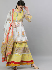 Thumbnail for Ishin Women Mustard Yellow & Grey Printed Kurti with Skirt & Dupatta - Distacart