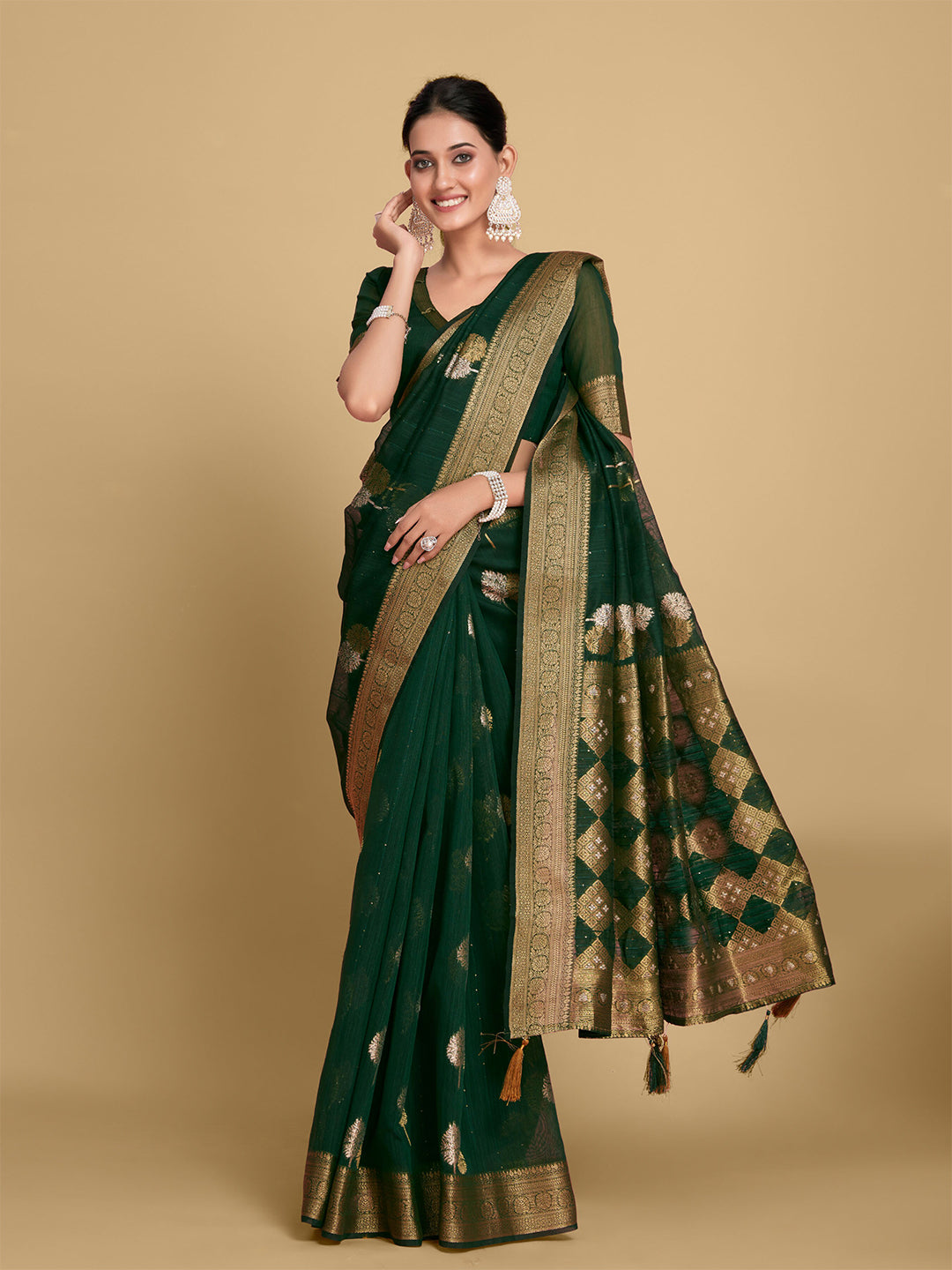 Sangria Green Ethnic Motifs Zari Linen Blend Saree - Distacart
