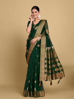 Thumbnail for Sangria Green Ethnic Motifs Zari Linen Blend Saree - Distacart