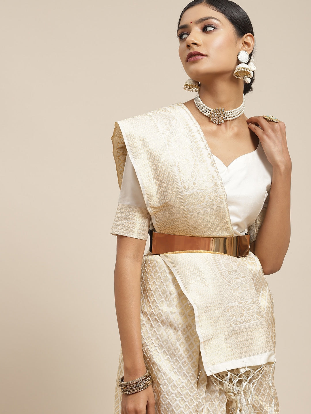 Saree Mall Cream-Coloured Zari Silk Blend Kanjeevaram Sarees - Distacart