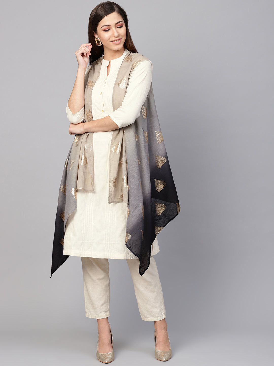 Biba Women Beige Solid A-Line Kurta with Asymmetric Shrug - Distacart