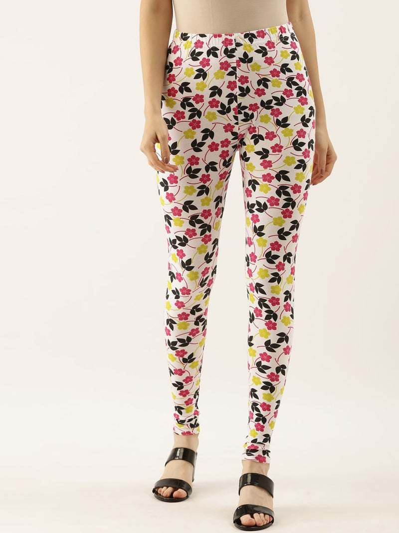 Souchii White &amp; Pink Floral Printed Ankle-Length Leggings - Distacart
