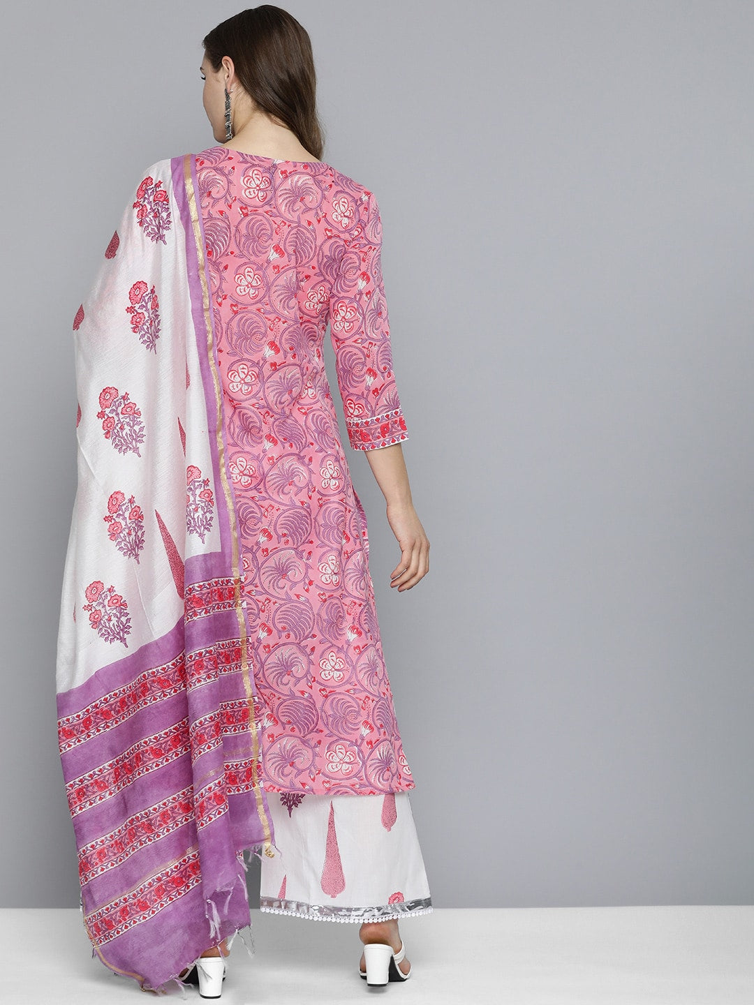 HERE&NOW Women Floral Printed Regular Pure Cotton Kurta with Palazzos & With Dupatta - Distacart