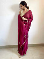 Thumbnail for Mitera Magenta & Gold-Toned Embroidered Silk Blend Saree - Distacart