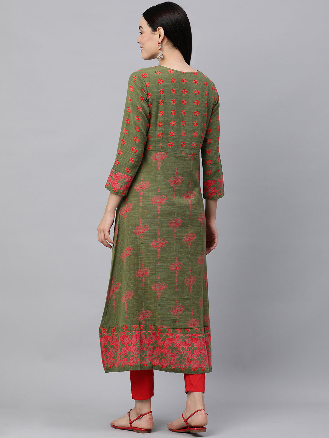 Kalini Women Green & Pink Ethnic Motifs Printed Pure Cotton Kurta - Distacart