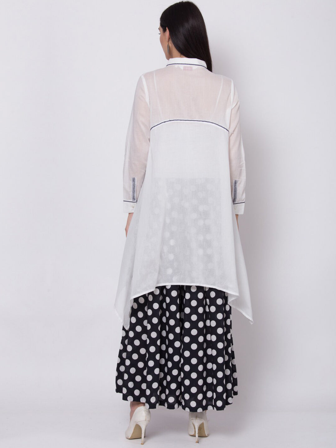 Biba Women White & Black Solid A-Line Shirt Collar Kurta - Distacart