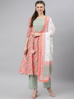 Thumbnail for Khushal K Floral Printed Round Neck Kurta with Palazzos & Dupatta - Distacart