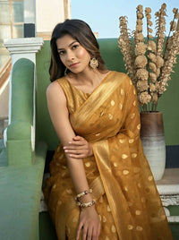 Thumbnail for Delightful Designer Light Yellow Color Organza Silk Saree With Weaving Work - Yomika Fashions - Distacart