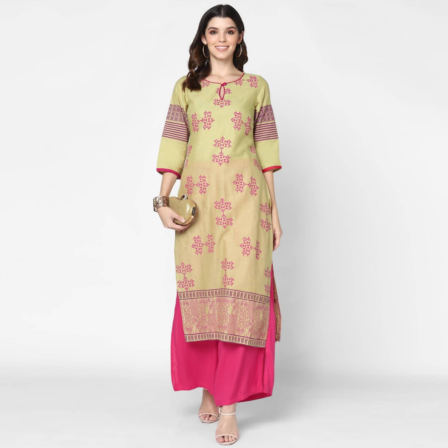 Cheera Hand Block Print Khaki Straight Kurta (MAAI-053K)