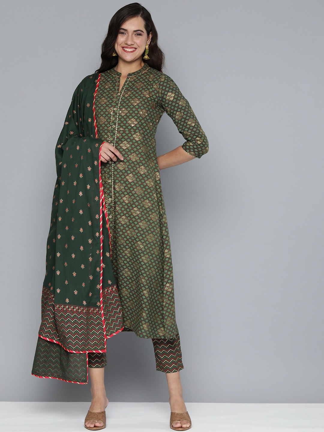 HERE&NOW Ethnic Motifs Printed Gotta Patti Pure Cotton Kurta With Trousers & With Dupatta - Distacart