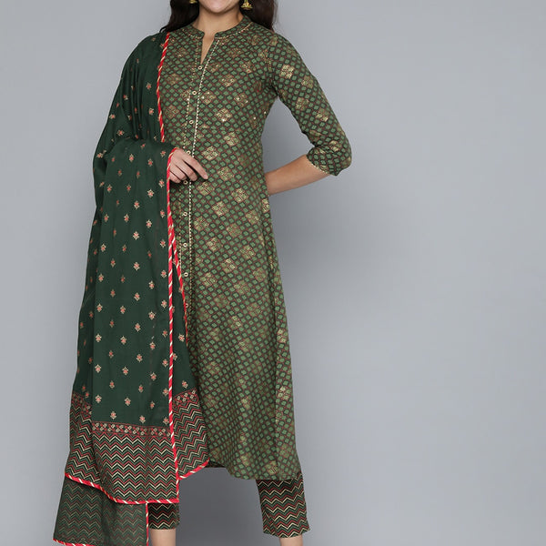 HERE&NOW Ethnic Motifs Printed Gotta Patti Pure Cotton Kurta With Trousers & With Dupatta - Distacart