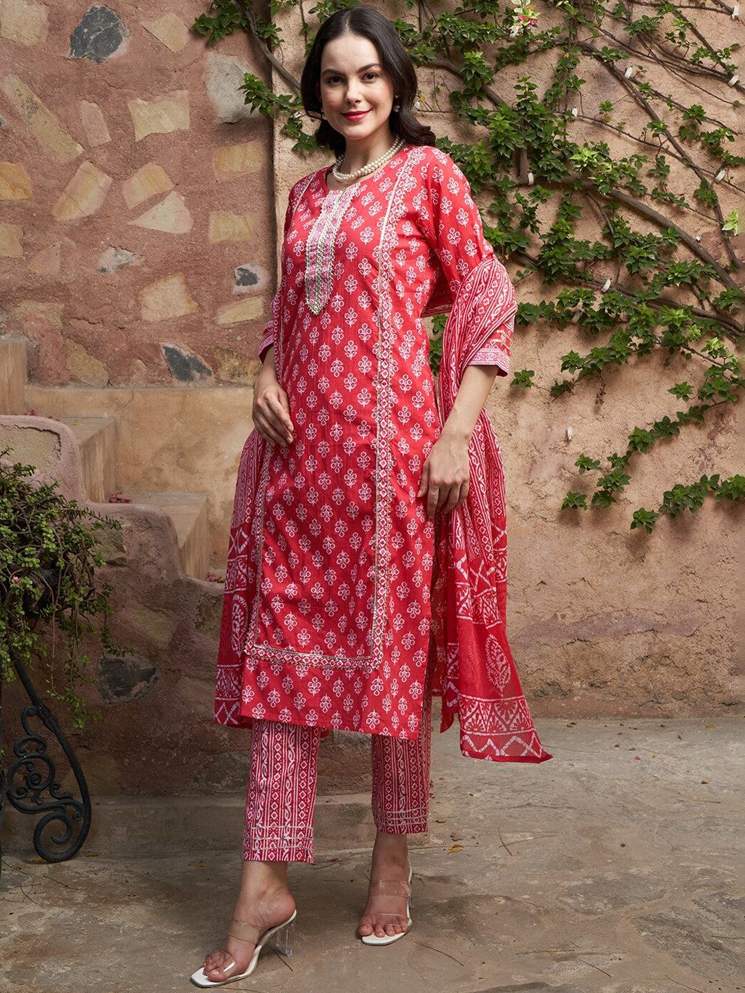 Sangria Printed Pure Cotton Kurta With Trouser & Dupatta - Distacart