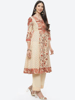 Thumbnail for Biba Cream-Coloured Ethnic Motifs Printed Pure Cotton Kurta with Trousers - Distacart