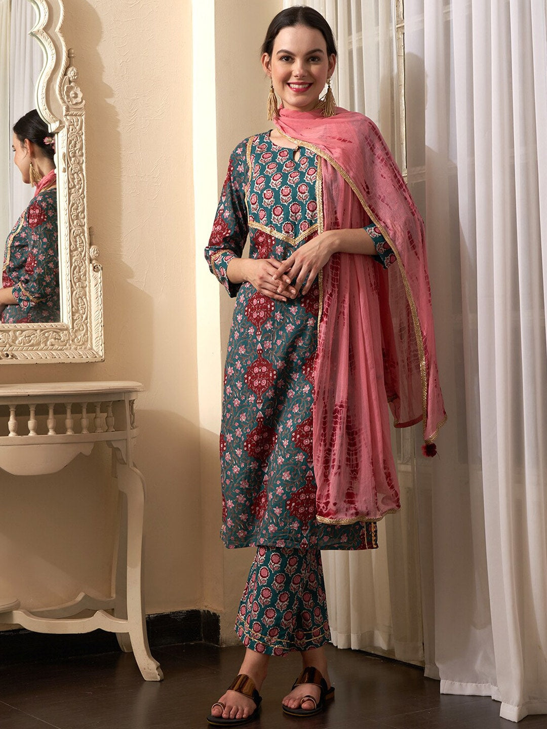 Sangria Teal Blue Floral Printed Gotta Patti Pure Cotton Kurta With Trousers & Dupatta - Distacart