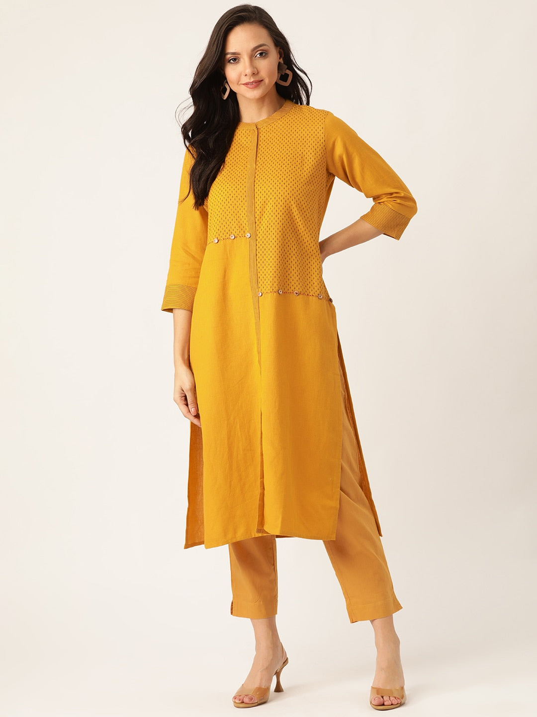 Sangria Women Mustard Yellow & Black Printed Kurta with Trousers - Distacart