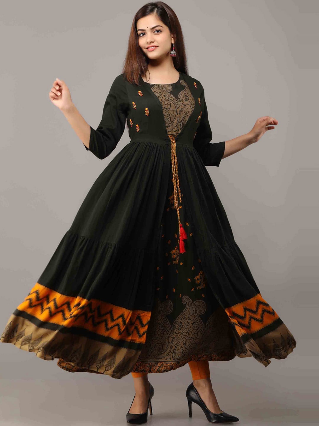 Kalini Women Green & Orange Floral Printed Anarkali Kurta - Distacart