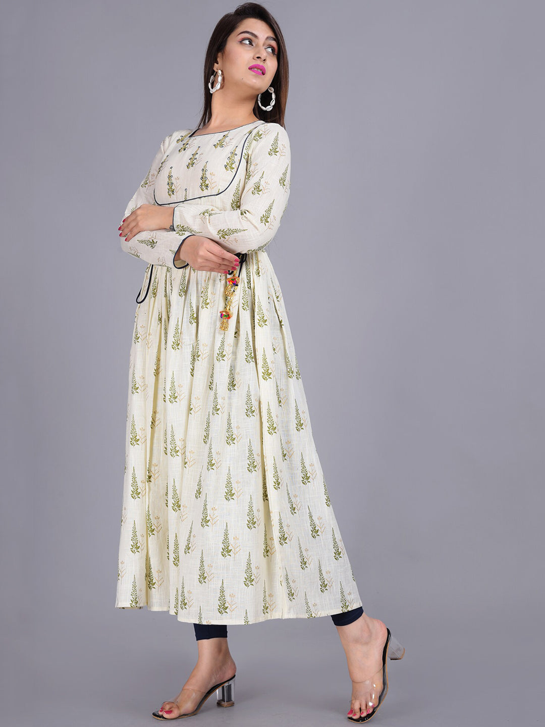 Kalini Women Beige & Green Ethnic Motifs Printed Anarkali Kurta - Distacart